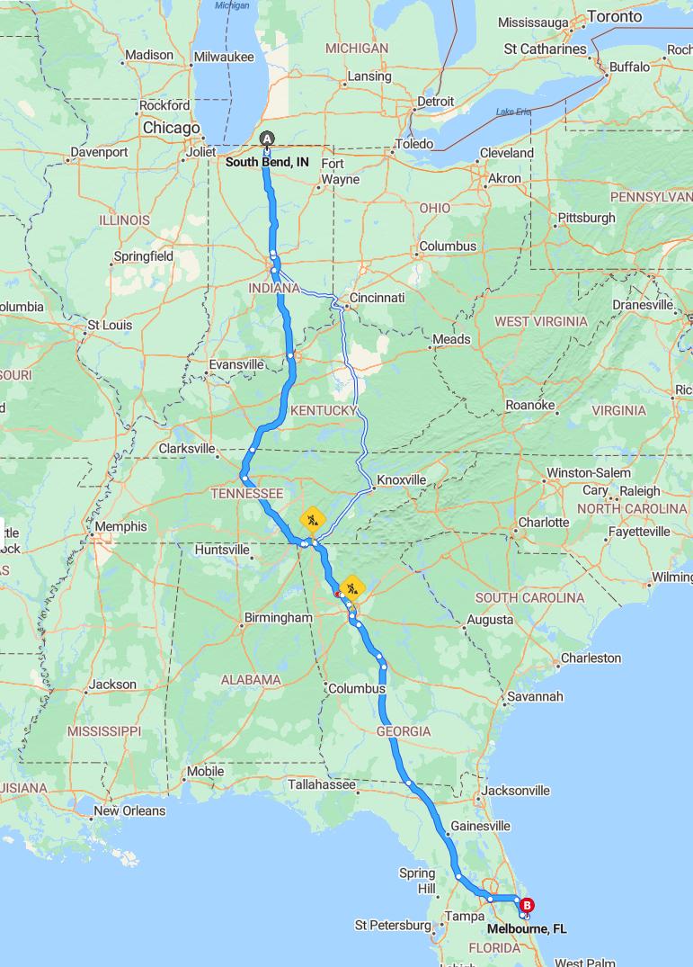 driving from South Bend, Indiana to MelbourneFlorida - map and route