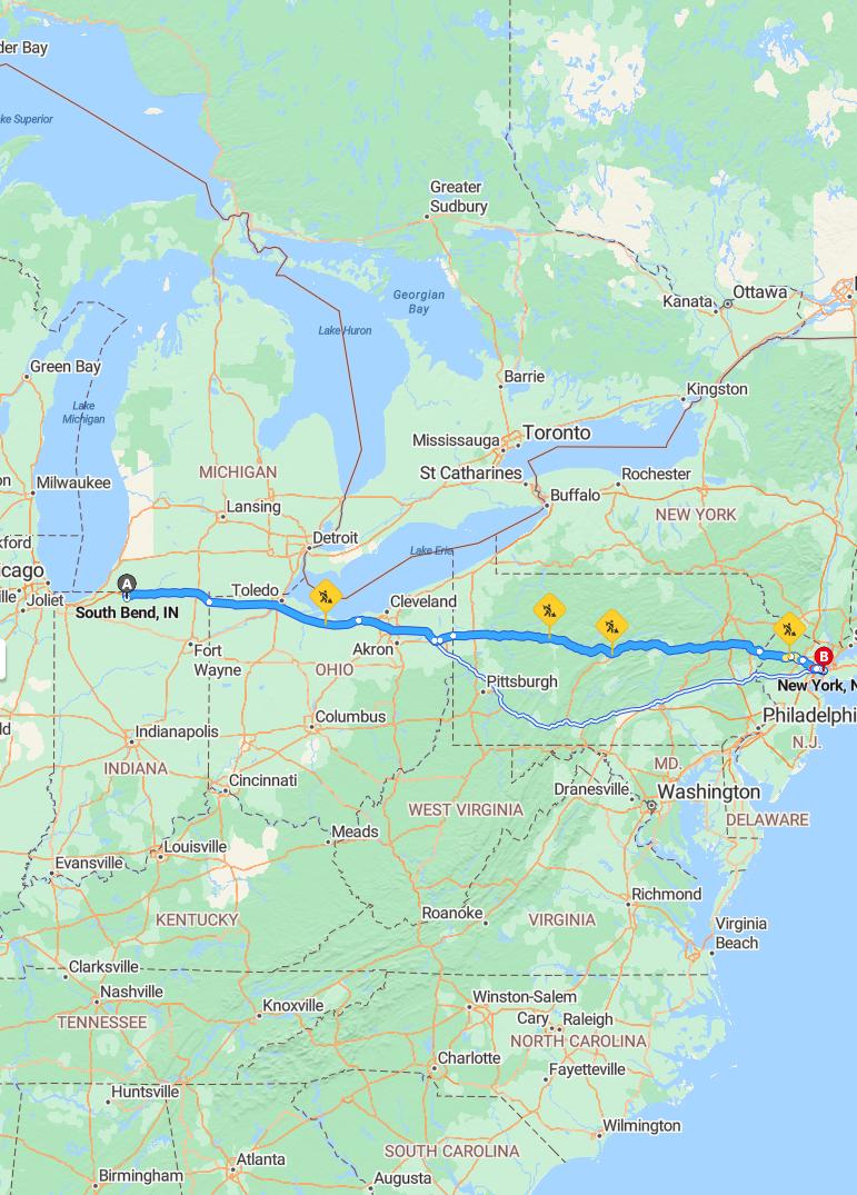 driving from South Bend, Indiana to New YorkNew York - map and route