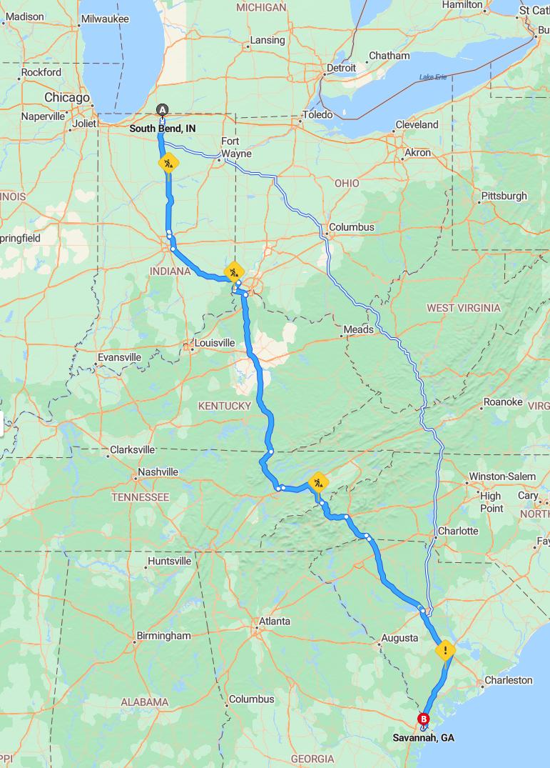 driving from South Bend, Indiana to SavannahGeorgia - map and route