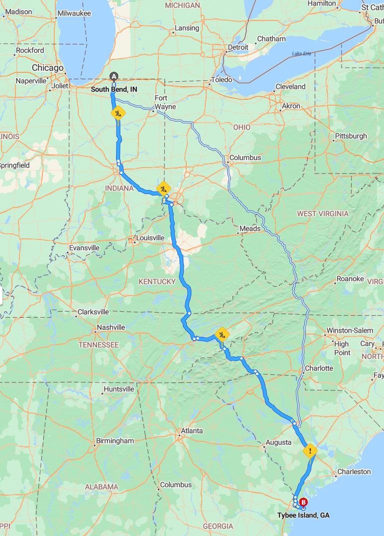 driving from South Bend, Indiana to Tybee IslandGeorgia - map and route