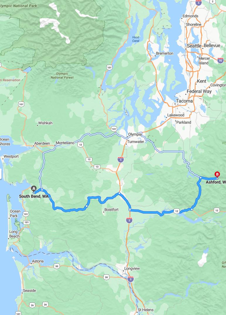 driving from South Bend, Washington to AshfordWashington - map and route