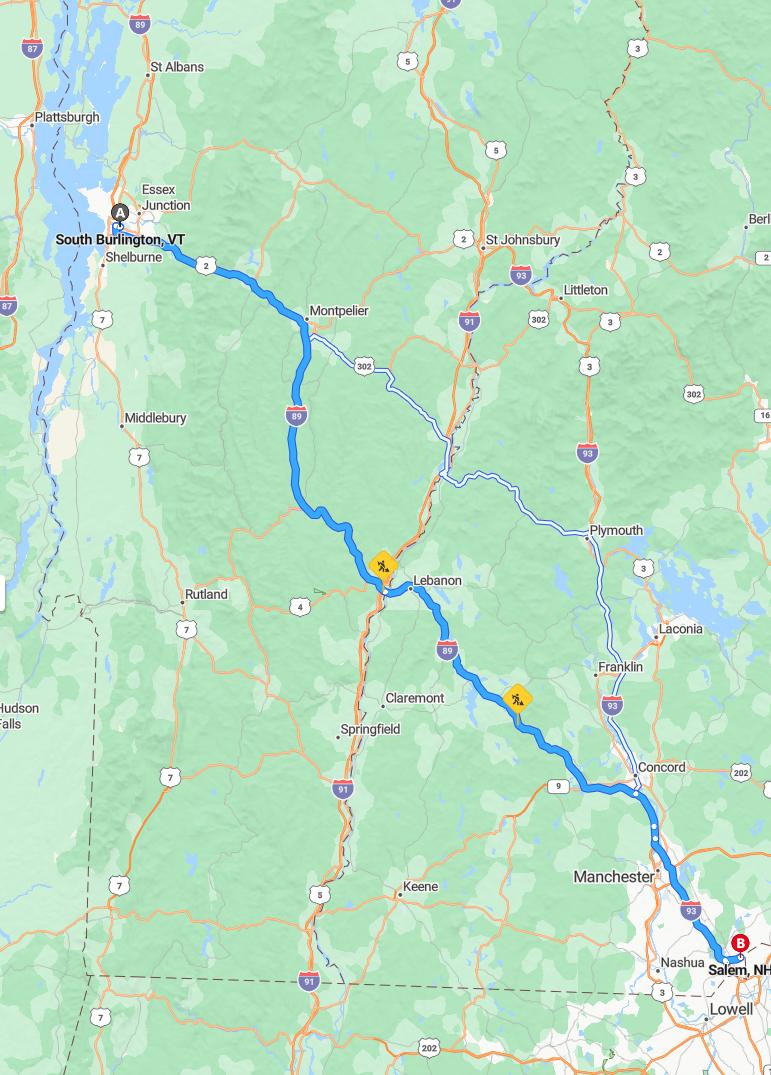 driving from South Burlington, Vermont to SalemNew Hampshire - map and route