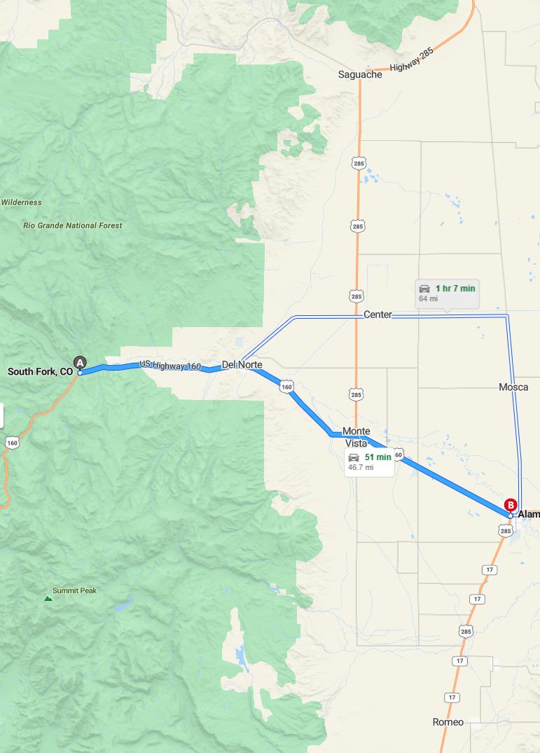 driving from South Fork, Colorado to AlamosaColorado - map and route