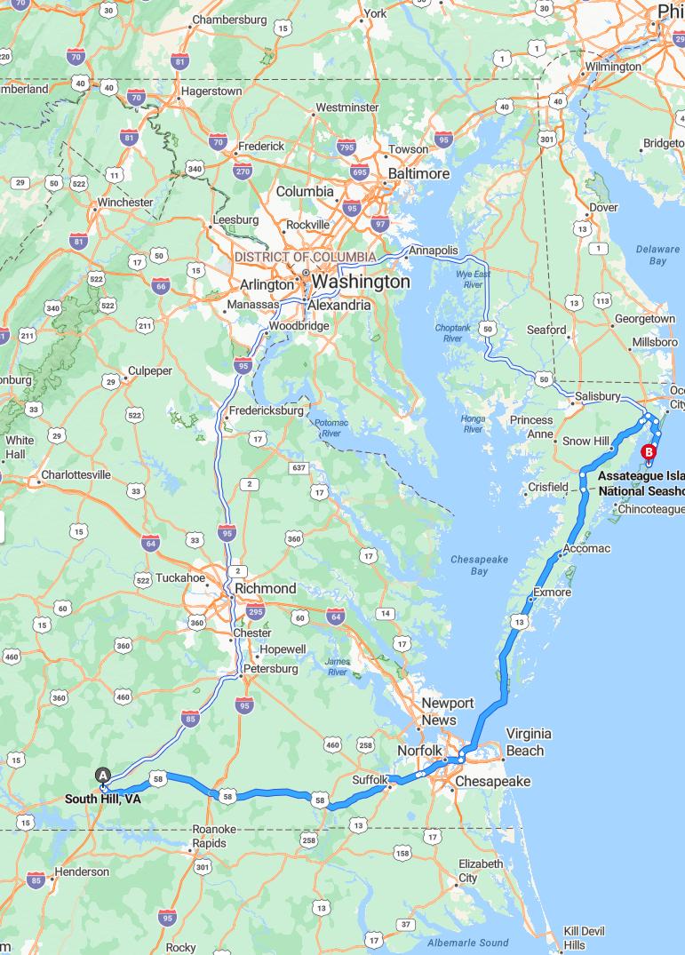 driving from South Hill, Virginia to Assateague IslandMaryland - map and route