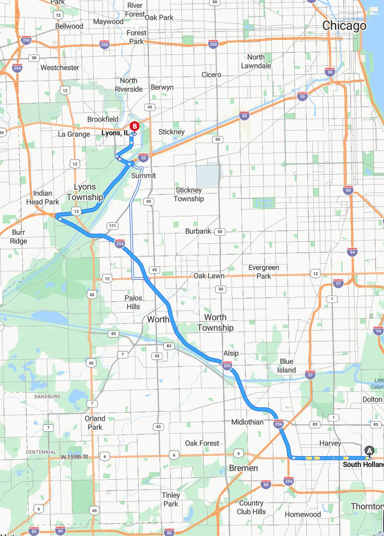 driving from South Holland, Illinois to LyonsIllinois - map and route