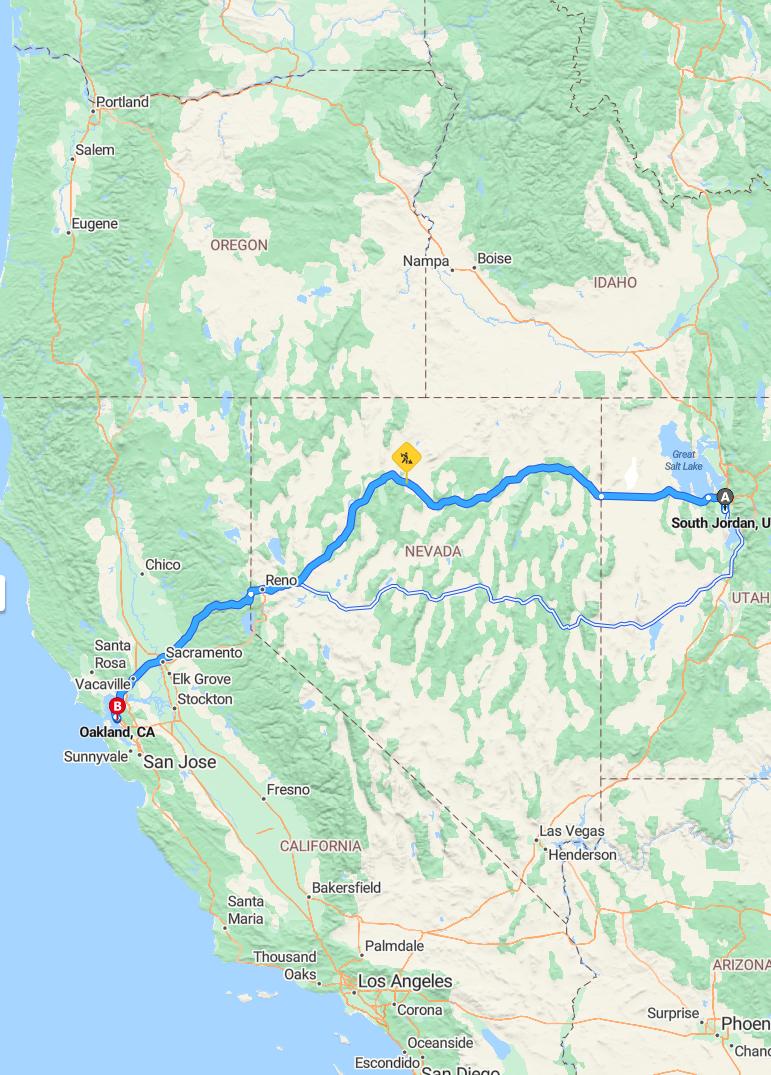 driving from South Jordan, Utah to OaklandCalifornia - map and route