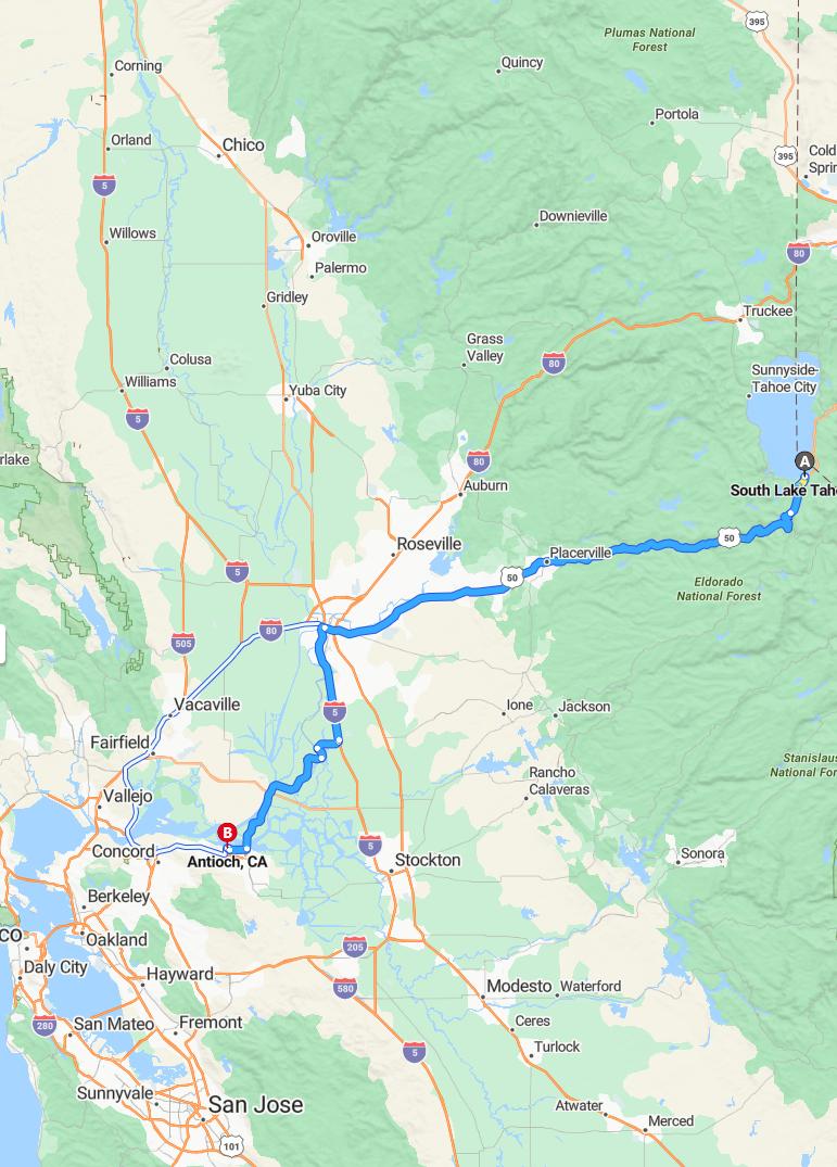 driving from South Lake Tahoe, California to AntiochCalifornia - map and route
