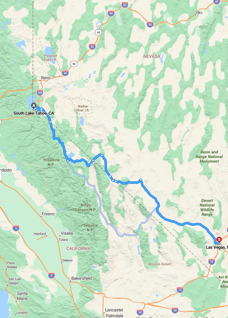 driving from South Lake Tahoe, California to Las VegasNevada - map and route
