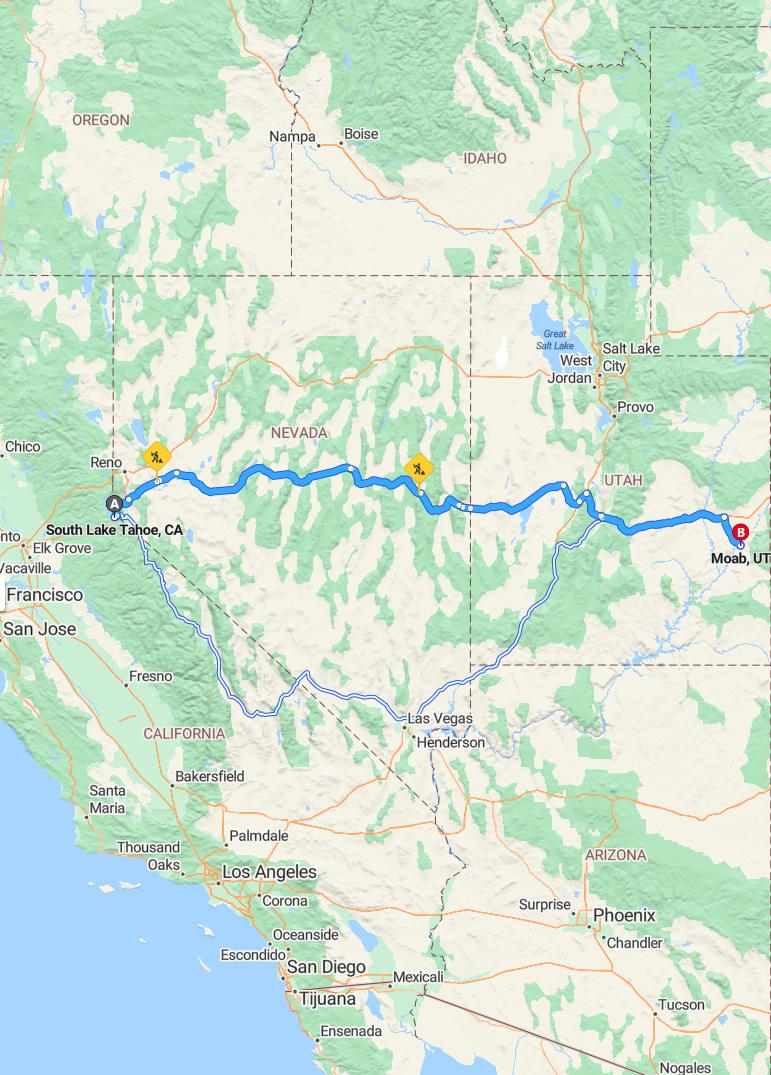 driving from South Lake Tahoe, California to MoabUtah - map and route