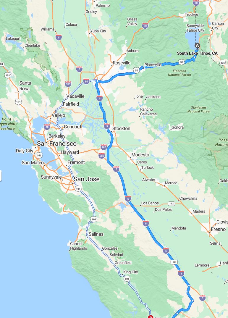 driving from South Lake Tahoe, California to Paso RoblesCalifornia - map and route