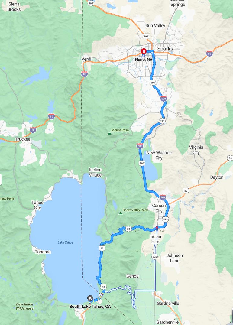 driving from South Lake Tahoe, California to RenoNevada - map and route
