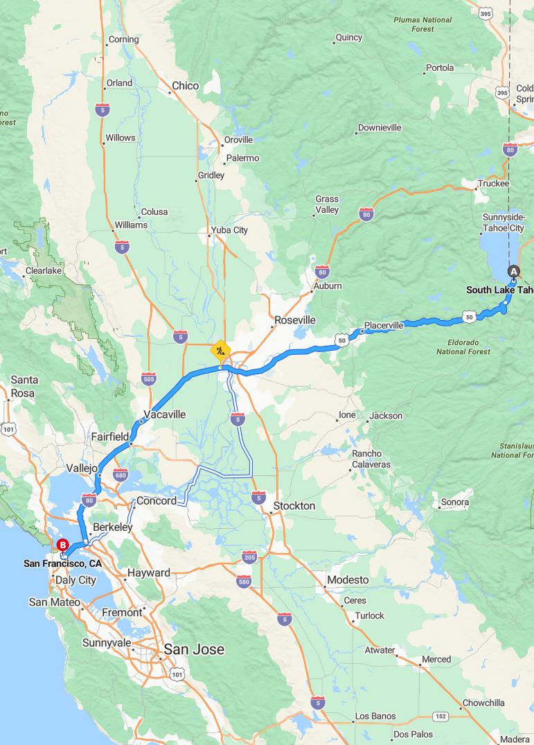 driving from South Lake Tahoe, California to San FranciscoCalifornia - map and route