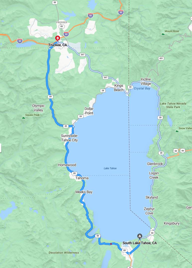 driving from South Lake Tahoe, California to TruckeeCalifornia - map and route