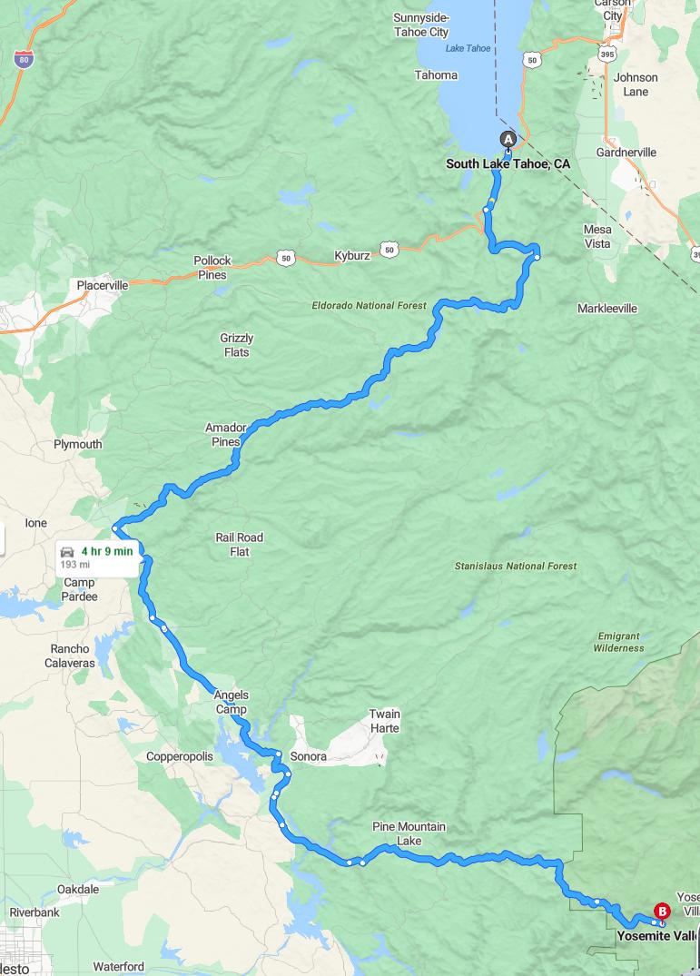 driving from South Lake Tahoe, California to Yosemite ValleyCalifornia - map and route