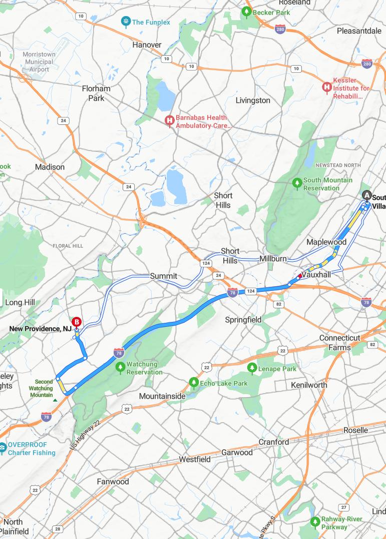 driving from South Orange, New Jersey to New ProvidenceNew Jersey - map and route