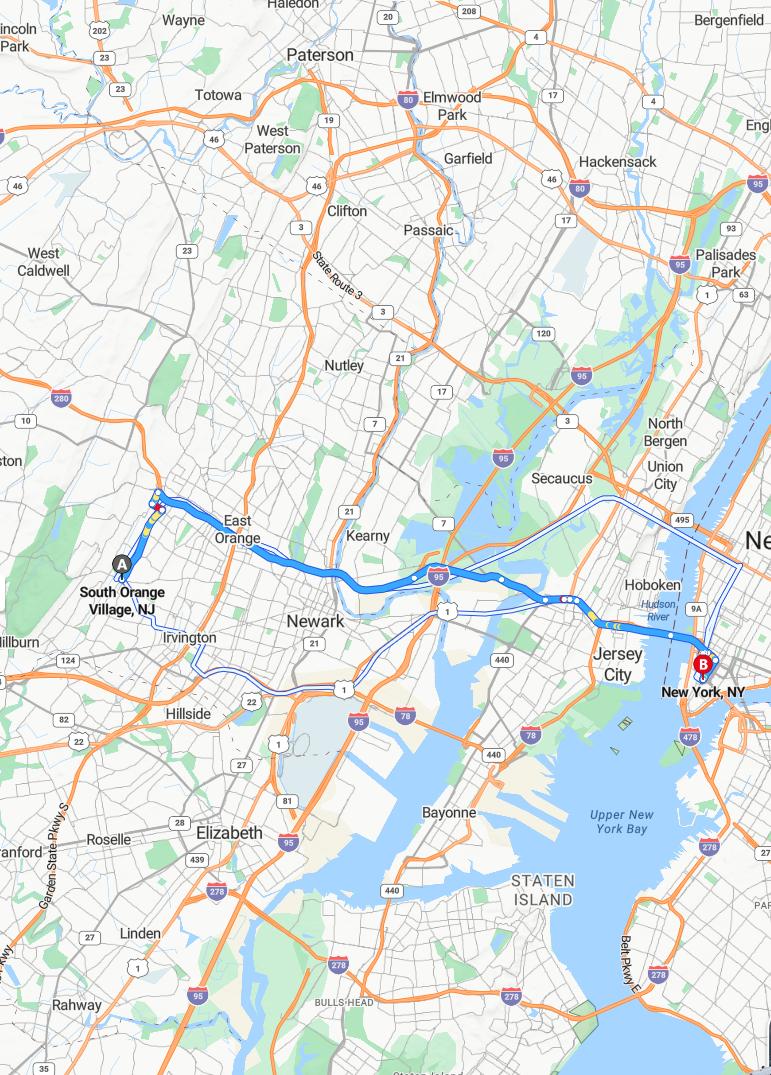driving from South Orange, New Jersey to New York CityNew York - map and route