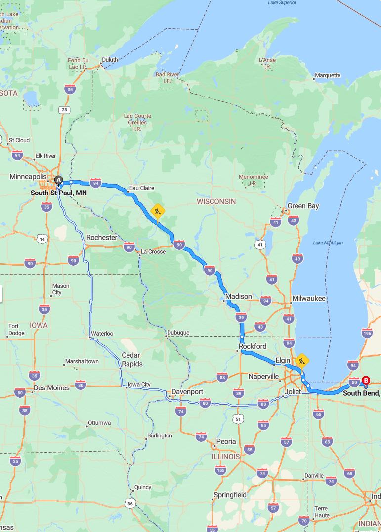 driving from South Saint Paul, Minnesota to South BendIndiana - map and route