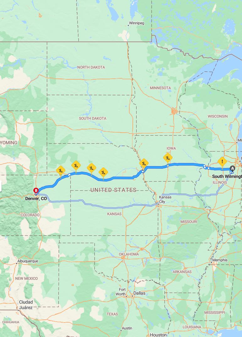 driving from South Wilmington, Illinois to DenverColorado - map and route