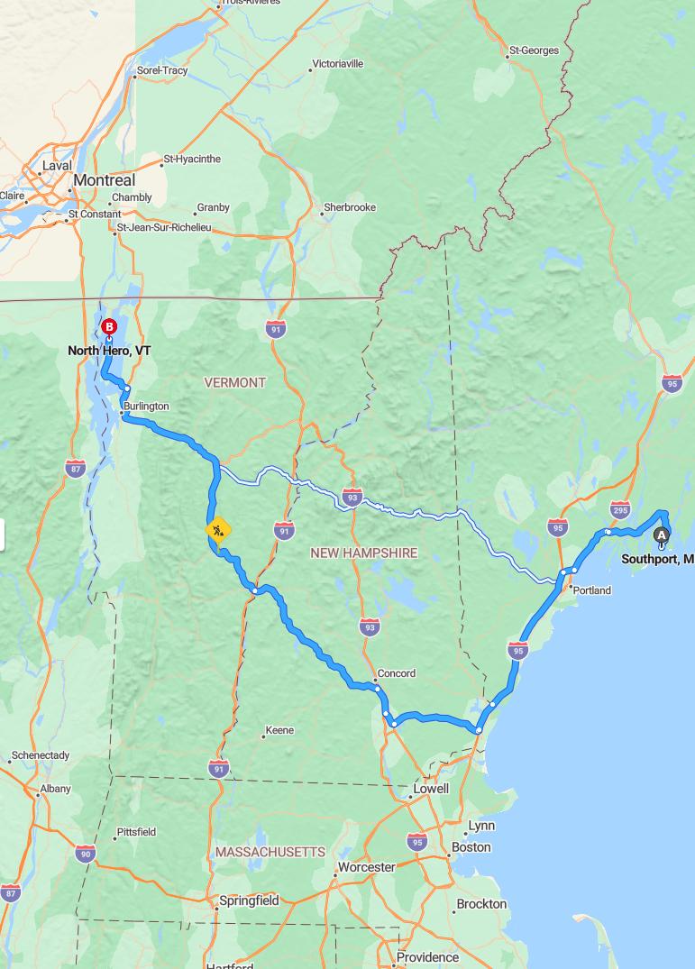 driving from Southport Island, Maine to North HeroVermont - map and route