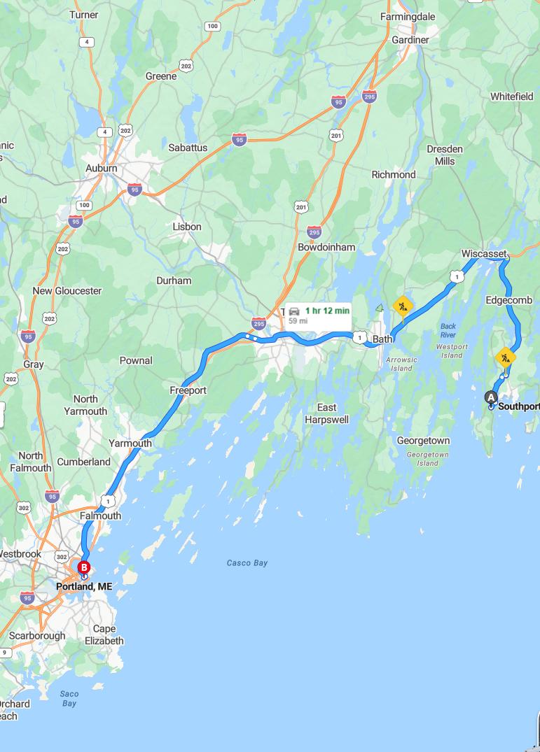 driving from Southport, Maine to PortlandMaine - map and route