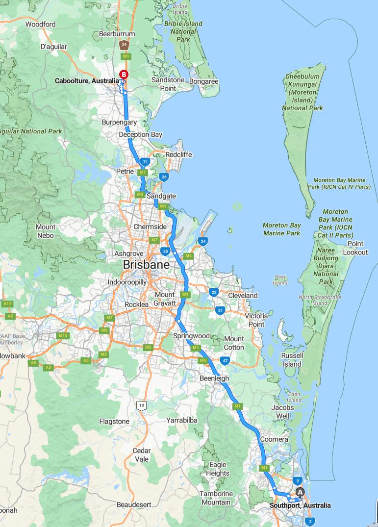 driving from Southport, Queensland to CabultureQueensland - map and route