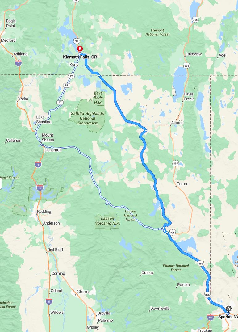 driving from Sparks, Nevada to Klamath FallsOregon - map and route