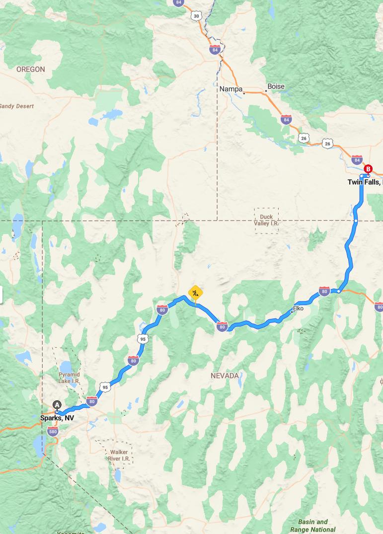driving from Sparks, Nevada to Twin FallsIdaho - map and route