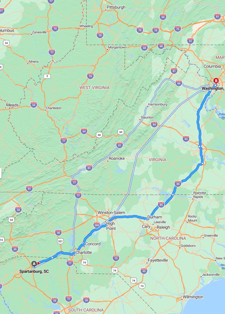 driving from Spartanburg, South Carolina to WashingtonDistrict of Columbia - map and route