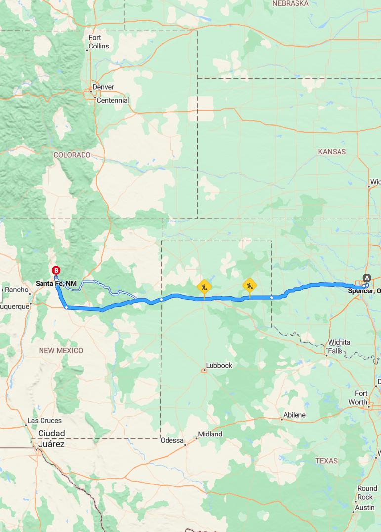 driving from Spencer, Oklahoma to Santa FeNew Mexico - map and route