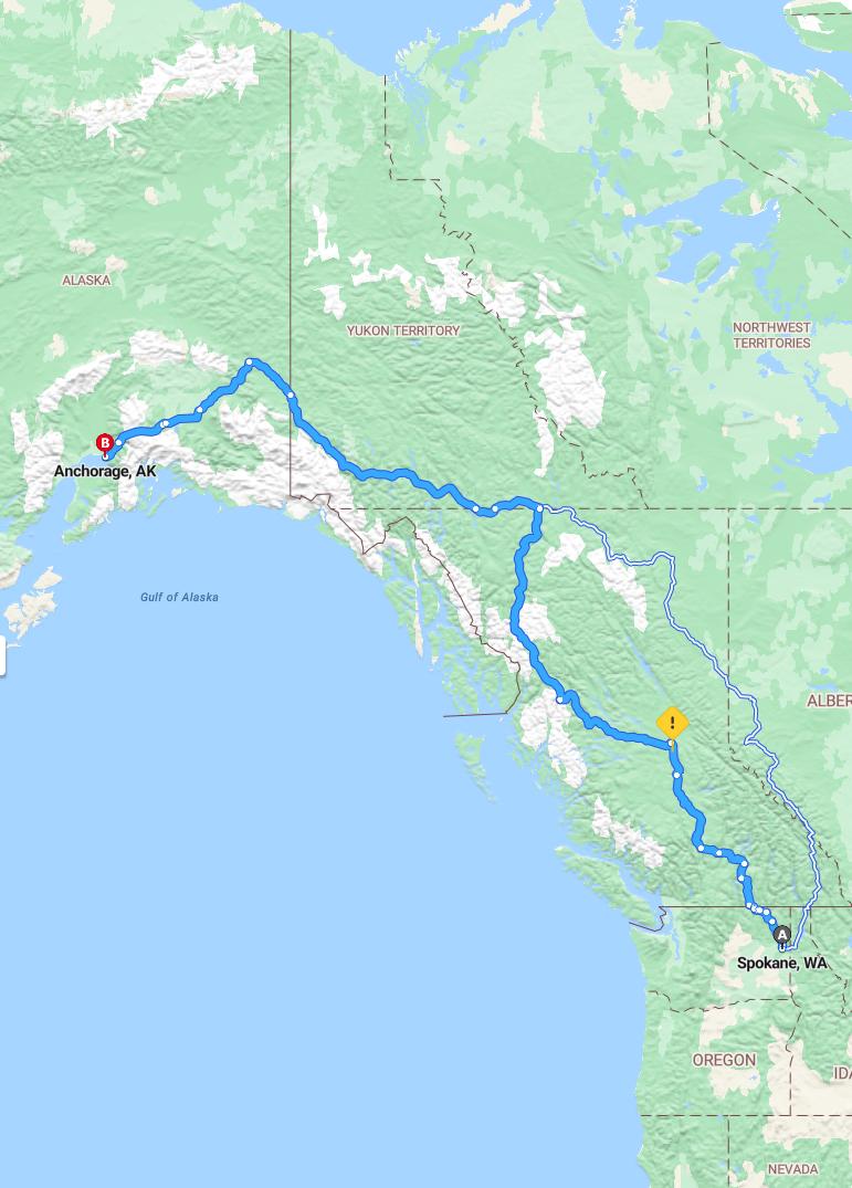 driving from Spokane, Washington to AnchorageAlaska - map and route