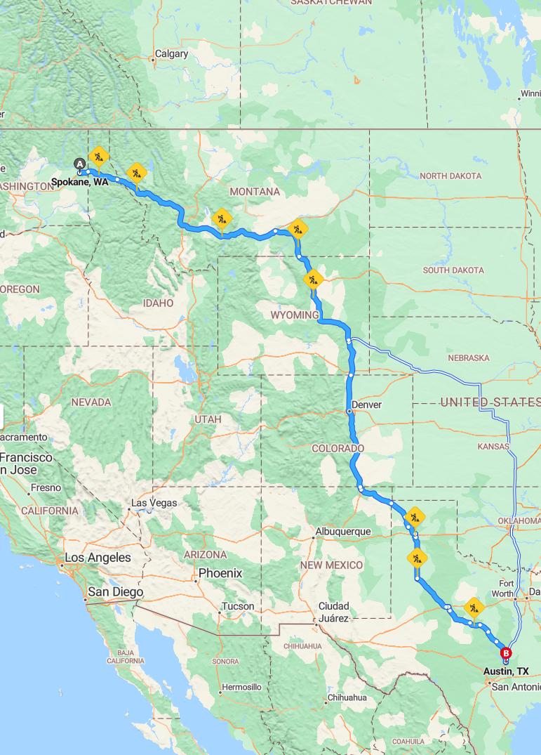 driving from Spokane, Washington to AustinTexas - map and route