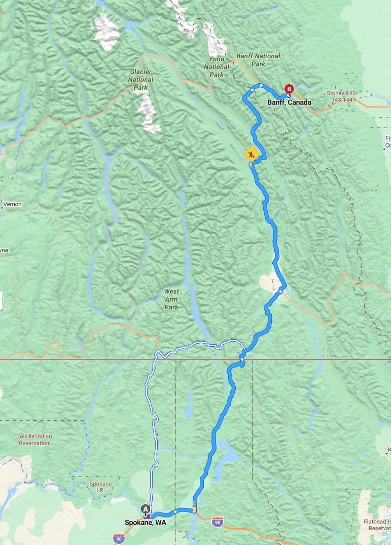 driving from Spokane, Washington to BanffAlberta - map and route