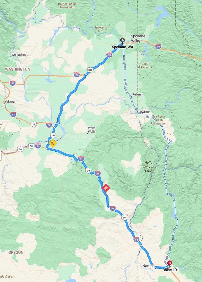 driving from Spokane, Washington to BoiseIdaho - map and route
