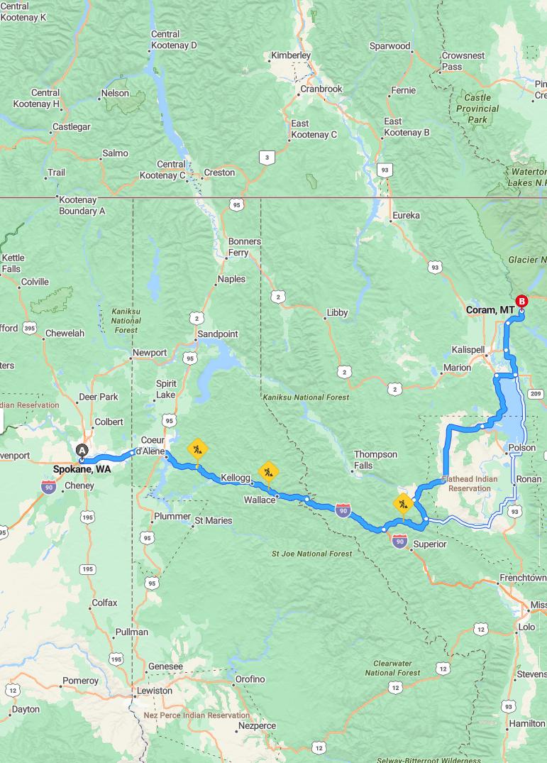 driving from Spokane, Washington to CoramMontana - map and route