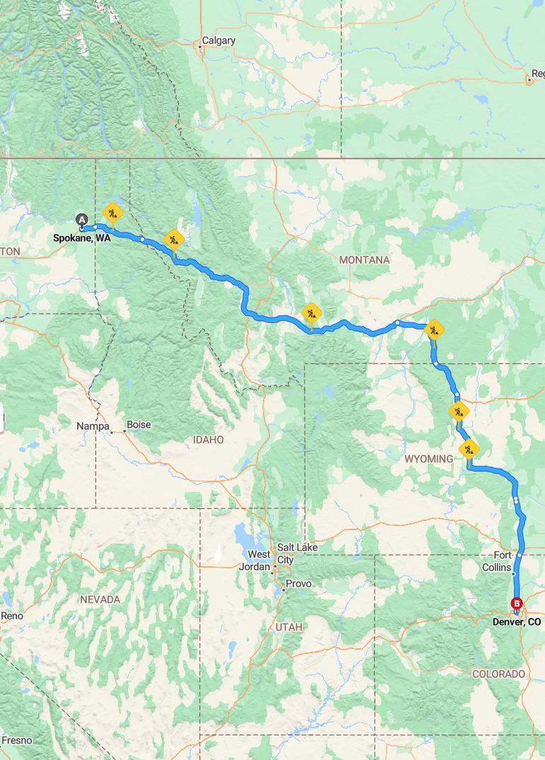 driving from Spokane, Washington to DenverColorado - map and route