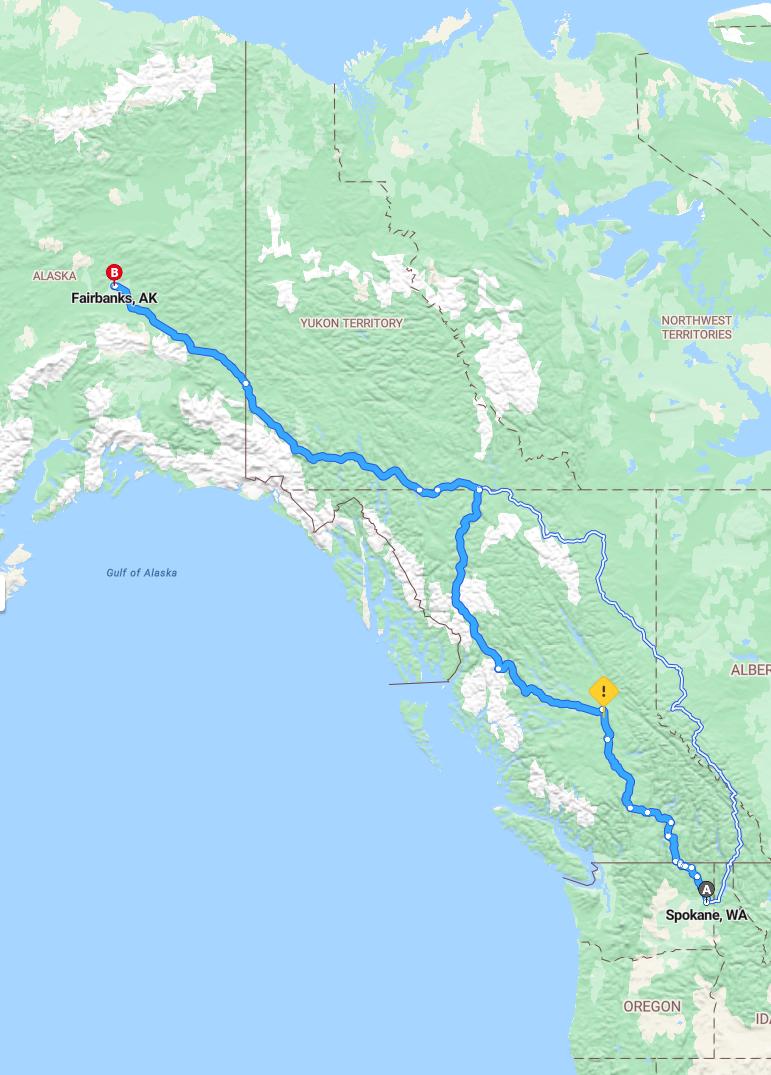 driving from Spokane, Washington to FairbankAlaska - map and route