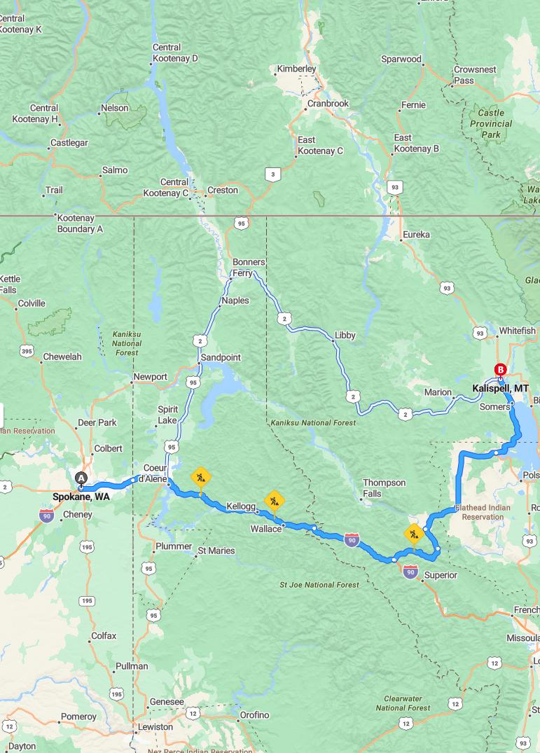 driving from Spokane, Washington to KalispellMontana - map and route