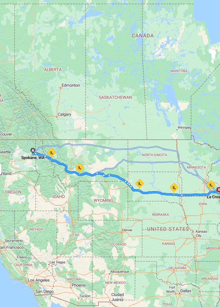 driving from Spokane, Washington to La CrosseWisconsin - map and route
