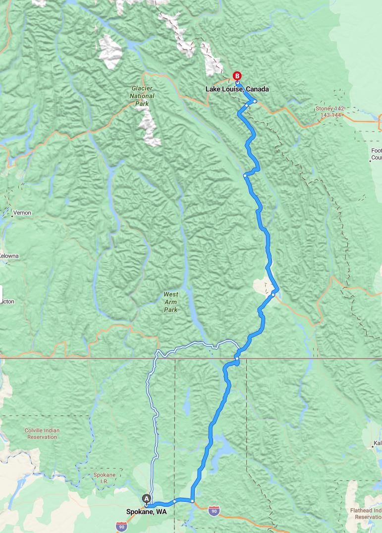driving from Spokane, Washington to Lake LouiseAlberta - map and route
