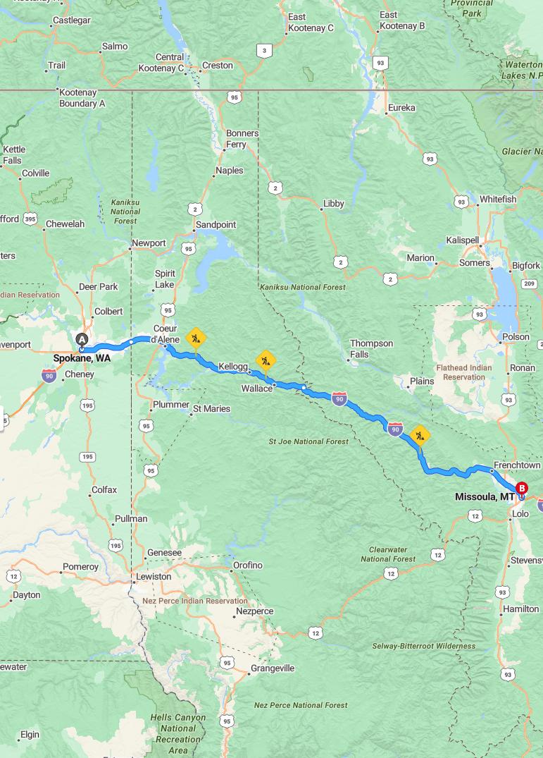 driving from Spokane, Washington to MissoulaMontana - map and route