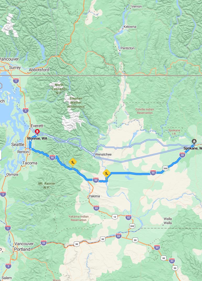 driving from Spokane, Washington to MonroeWashington - map and route
