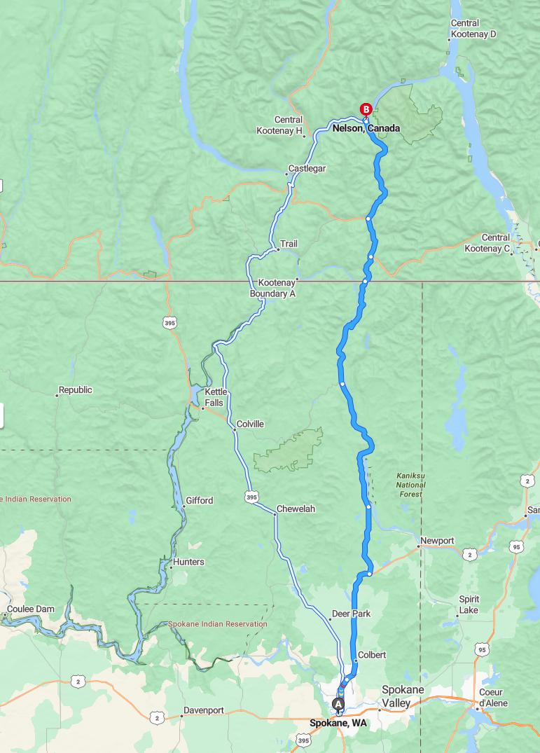 driving from Spokane, Washington to NelsonBritish Columbia - map and route