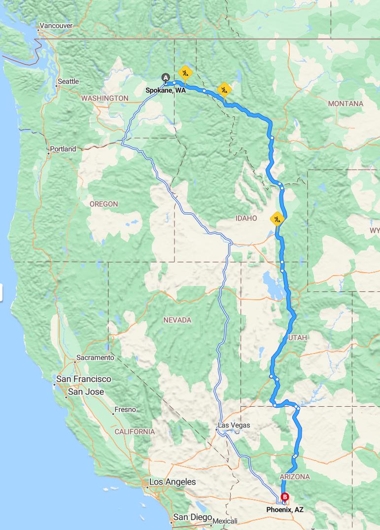 driving from Spokane, Washington to PhoenixArizona - map and route