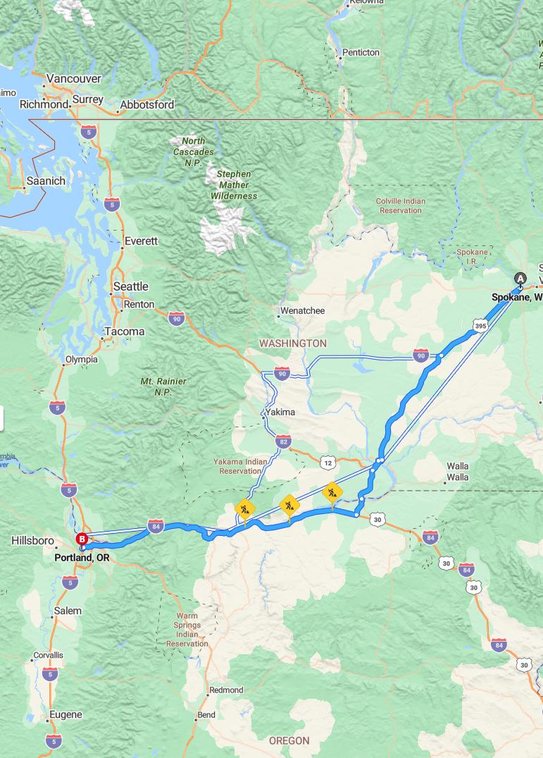 driving from Spokane, Washington to PortlandOregon - map and route