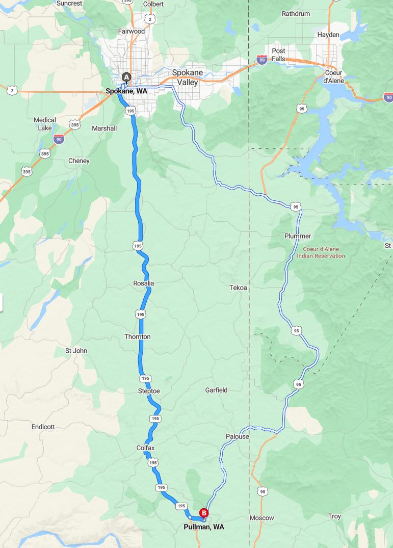 driving from Spokane, Washington to PullmanWashington - map and route