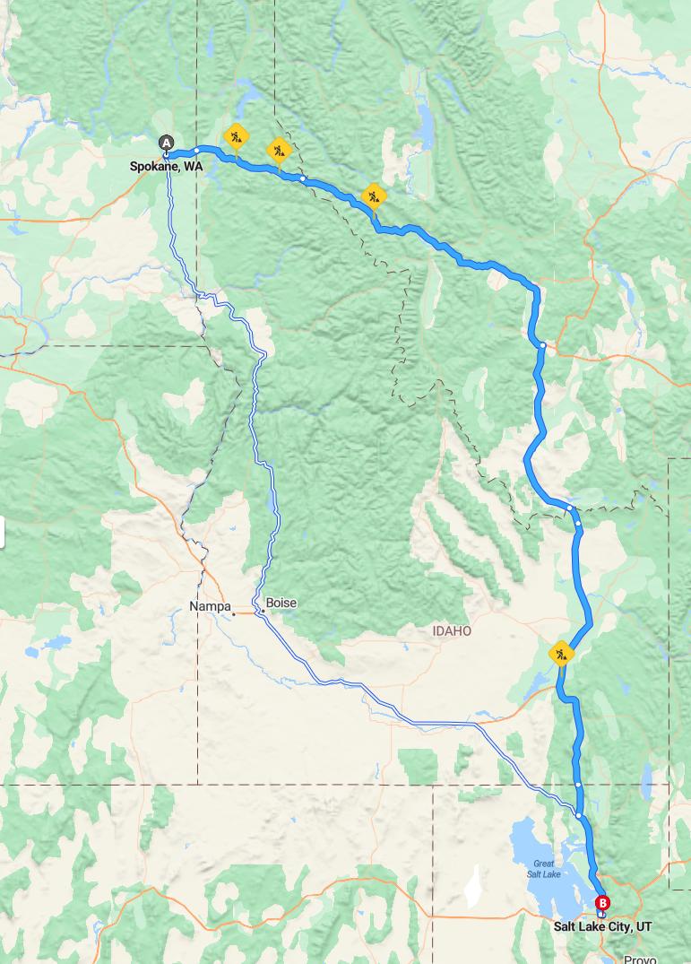 driving from Spokane, Washington to Salt Lake CityUtah - map and route