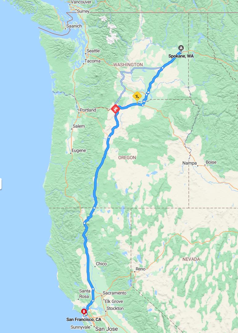 driving from Spokane, Washington to San FranciscoCalifornia - map and route