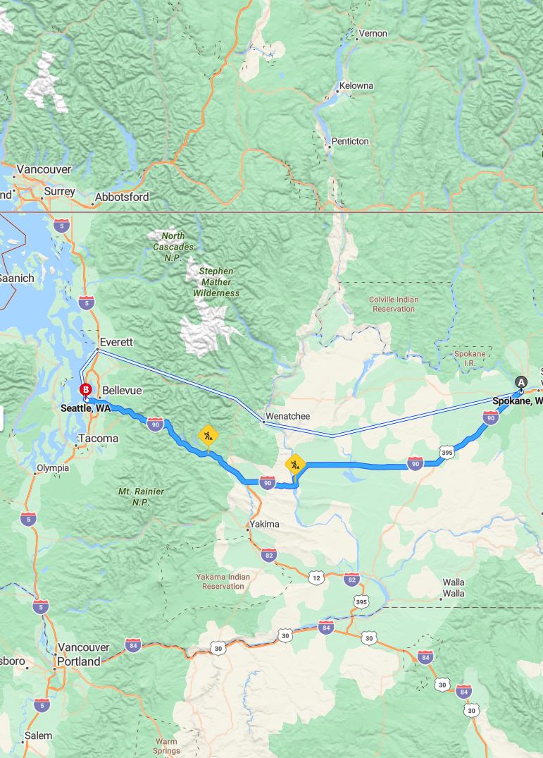 driving from Spokane, Washington to SeattleWashington - map and route