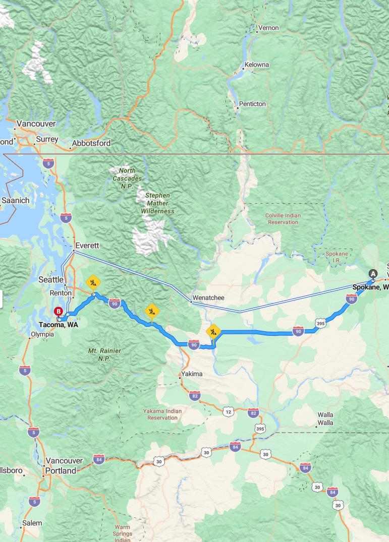 driving from Spokane, Washington to TacomaWashington - map and route