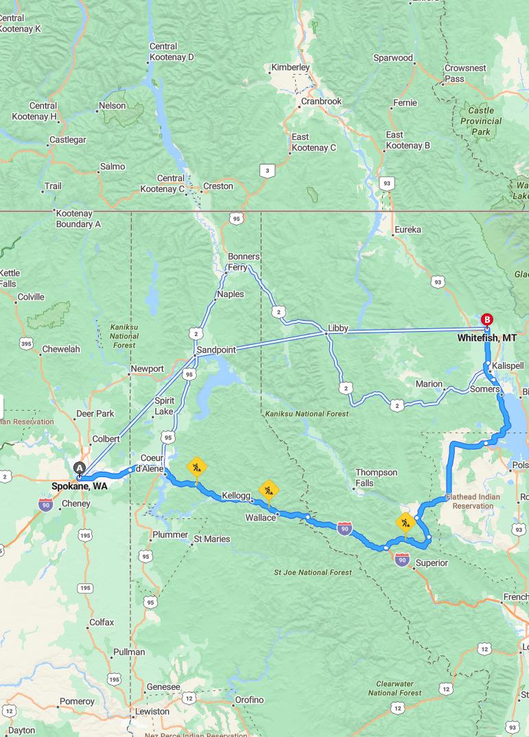 driving from Spokane, Washington to WhitefishMontana - map and route